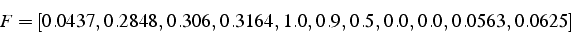 \begin{displaymath}
F=[0.0437, 0.2848, 0.306, 0.3164, 1.0, 0.9, 0.5, 0.0, 0.0, 0.0563, 0.0625]\end{displaymath}