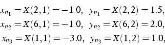 \begin{eqnarray*}
x_{n_{1}}=X(2,1)=-1.0,      y_{n_{1}}=X(2,2)=1.5,\\
x_{n...
...2)=2.0,\\
x_{n_{3}}=X(1,1)=-3.0,      y_{n_{3}}=X(1,2)=1.0,\end{eqnarray*}