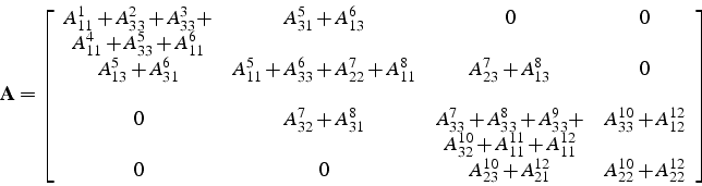 \begin{displaymath}
\mathbf{A}=\left[\begin{array}{cccc}
A_{11}^{1}+A_{33}^{2}+A...
...}^{10}+A_{21}^{12} & A_{22}^{10}+A_{22}^{12}\end{array}\right]
\end{displaymath}