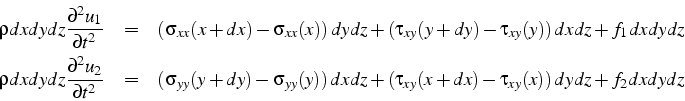 \begin{eqnarray*}
\rho dxdydz\frac{\partial^{2}u_{1}}{\partial t^{2}} & = & \lef...
...ht)dxdz+\left(\tau_{xy}(x+dx)-\tau_{xy}(x)\right)dydz+f_{2}dxdydz\end{eqnarray*}