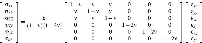 \begin{displaymath}
\left[\begin{array}{c}
\sigma_{xx}\\
\sigma yy\\
\sigma zz...
..._{xy}\\
\varepsilon_{yz}\\
\varepsilon_{zx}\end{array}\right]\end{displaymath}