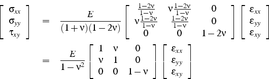 \begin{eqnarray*}
\left[\begin{array}{c}
\sigma_{xx}\\
\sigma_{yy}\\
\tau_{xy}...
...on_{xx}\\
\varepsilon_{yy}\\
\varepsilon_{xy}\end{array}\right]\end{eqnarray*}