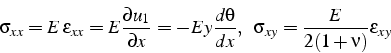 \begin{displaymath}
\sigma_{xx}=E \varepsilon_{xx}=E\frac{\partial u_{1}}{\part...
...eta}{dx},    \sigma_{xy}=\frac{E}{2(1+\nu)}\varepsilon_{xy}\end{displaymath}