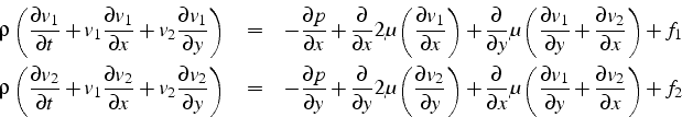 \begin{eqnarray*}
\rho\left(\frac{\partial v_{1}}{\partial t}+v_{1}\frac{\partia...
...v_{1}}{\partial y}+\frac{\partial v_{2}}{\partial x}\right)+f_{2}\end{eqnarray*}