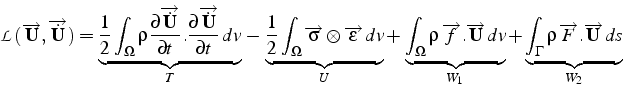 \begin{displaymath}
\mathcal{L}(\overrightarrow{\mathbf{U}},\overrightarrow{\dot...
...o \overrightarrow{F}.\overrightarrow{\mathbf{U}}  ds}_{W_{2}}\end{displaymath}