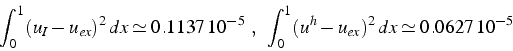 \begin{displaymath}
\int_{0}^{1}(u_{I}-u_{ex})^{2}  dx\simeq0.1137 10^{-5}  ...
...,   \int_{0}^{1}(u^{h}-u_{ex})^{2}  dx\simeq0.0627 10^{-5}\end{displaymath}