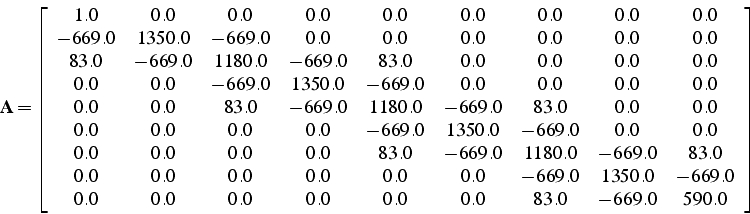 \begin{displaymath}
\mathbf{A}=\left[\begin{array}{ccccccccc}
1.0 & 0.0 & 0.0 & ...
...0.0 & 0.0 & 0.0 & 0.0 & 83.0 & -669.0 & 590.0\end{array}\right]\end{displaymath}