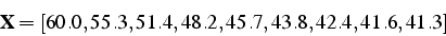 \begin{displaymath}
\mathbf{X}=[60.0,55.3,51.4,48.2,45.7,43.8,42.4,41.6,41.3]\end{displaymath}