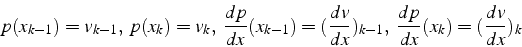 \begin{displaymath}
p(x_{k-1})=v_{k-1},   p(x_{k})=v_{k},  \frac{dp}{dx}(x_{...
...rac{dv}{dx})_{k-1},  \frac{dp}{dx}(x_{k})=(\frac{dv}{dx})_{k}\end{displaymath}