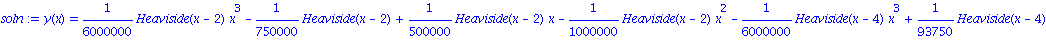 soln := y(x) = 1/6000000*Heaviside(x-2)*x^3-1/750000*Heaviside(x-2)+1/500000*Heaviside(x-2)*x-1/1000000*Heaviside(x-2)*x^2-1/6000000*Heaviside(x-4)*x^3+1/93750*Heaviside(x-4)-1/125000*Heaviside(x-4)*x...