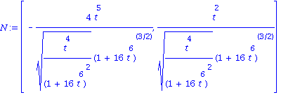 N := vector([-4*t^5/((t^4/(1+16*t^6)^2)^(1/2)*(1+16*t^6)^(3/2)), t^2/((t^4/(1+16*t^6)^2)^(1/2)*(1+16*t^6)^(3/2))])