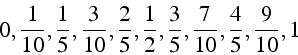 \begin{displaymath}
0,\frac{1}{10},\frac{1}{5},\frac{3}{10},\frac{2}{5},\frac{1}{2},\frac{3}{5},\frac{7}{10},\frac{4}{5},\frac{9}{10},1\end{displaymath}