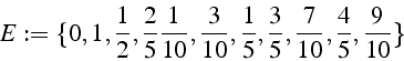 \begin{displaymath}
E:=\{0,1,\frac{1}{2},\frac{2}{5}\frac{1}{10},\frac{3}{10},\frac{1}{5},\frac{3}{5},\frac{7}{10},\frac{4}{5},\frac{9}{10}\}\end{displaymath}