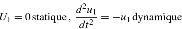 \begin{displaymath}
U_{1}=0\,\mbox{{statique}}\,,\,\,\frac{d^{2}u_{1}}{dt^{2}}=-u_{1}\,\mbox{{dynamique}}\end{displaymath}