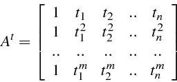 \begin{displaymath}
A^{t}=\left[\begin{array}{ccccc}
1 & t_{1} & t_{2} & .. & t_...
...\
1 & t_{1}^{m} & t_{2}^{m} & .. & t_{n}^{m}\end{array}\right]\end{displaymath}